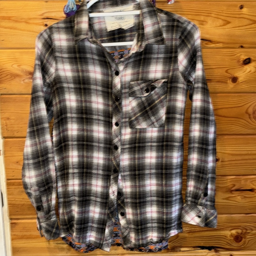 California Moonrise Button-Up Shirt Boho Printed Back Plaid Layering, Size M